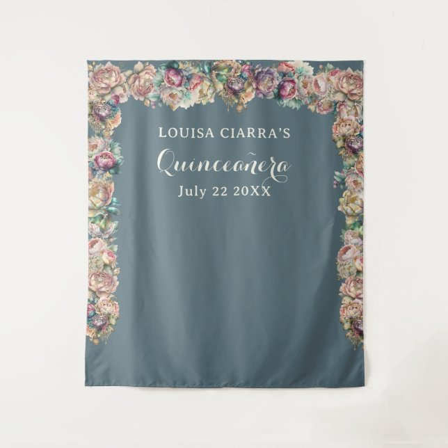 Glamourous Gold Sparkle Floral Quinceanera  Tapestry (Front)