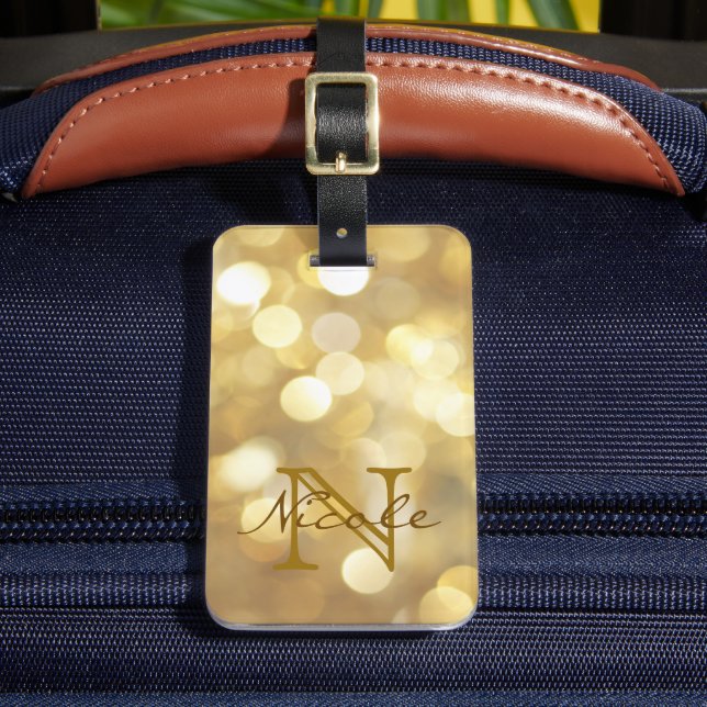 Glamourous Gold Sparkles Monogram Luggage Tag (Front Insitu 2)