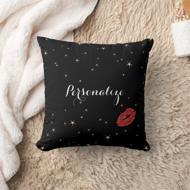 Glamourous Gold Stars with Red Lipstick Kiss Throw Pillow (Blanket)