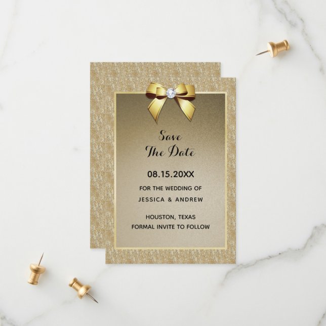 Glamourous Gold & Stylish Gem Wedding Save The Date (Front/Back In Situ)
