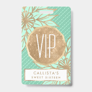 Glamourous Gold Teal Green Glitter Flower Stripes Badge