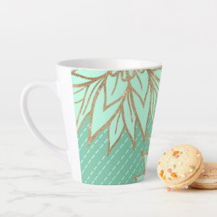 Glamourous Gold Teal Green Glitter Flower Stripes Latte Mug