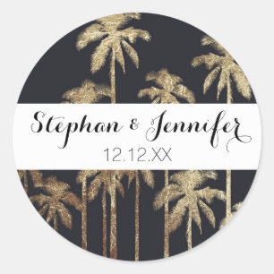 Glamourous Gold Tropical Palm Trees on Black Classic Round Sticker