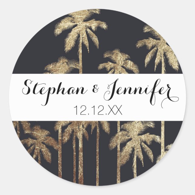 Glamourous Gold Tropical Palm Trees on Black Classic Round Sticker (Front)