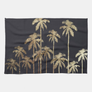 Glamourous Gold Tropical Palm Trees on Black Kitchen Towel