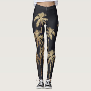 Glamourous Gold Tropical Palm Trees on Black Leggings