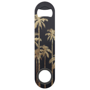 Glamourous Gold Tropical Palm Trees on Black Speed Bottle Opener