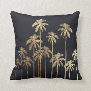 Glamourous Gold Tropical Palm Trees on Black Throw Pillow