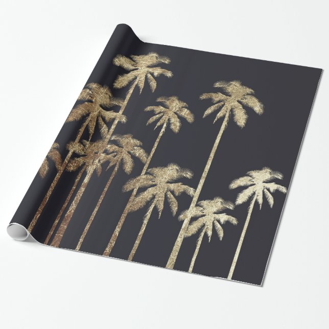 Glamourous Gold Tropical Palm Trees on Black Wrapping Paper (Unrolled)