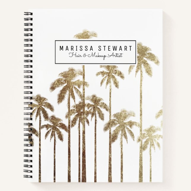Glamourous Gold Tropical Palm Trees on White Notebook (Front)