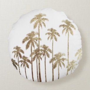 Glamourous Gold Tropical Palm Trees on White Round Pillow