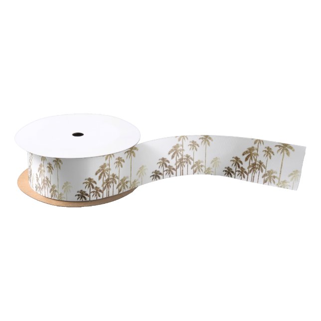 Glamourous Gold Tropical Palm Trees on White Satin Ribbon (Spool)
