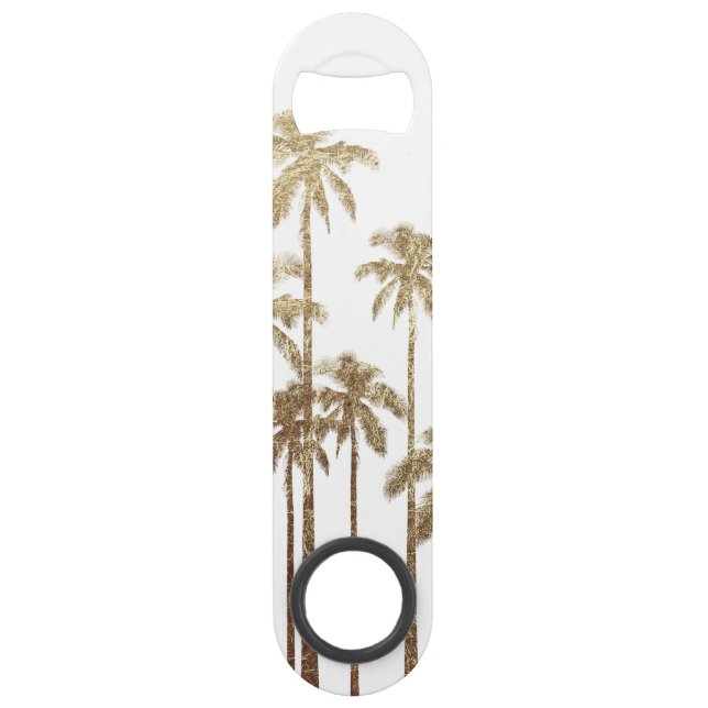 Glamourous Gold Tropical Palm Trees on White Speed Bottle Opener (Front)