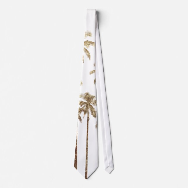 Glamourous Gold Tropical Palm Trees on White Tie (Front)