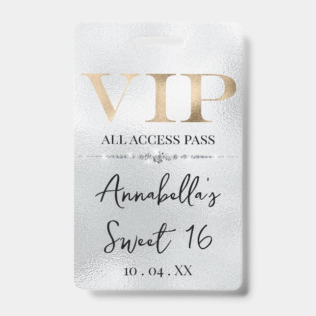Glamourous Gold VIP on Silver Badge (Front)