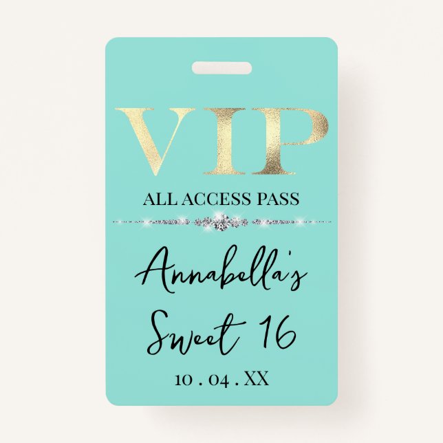 Glamourous Gold VIP on Teal Badge (Front)