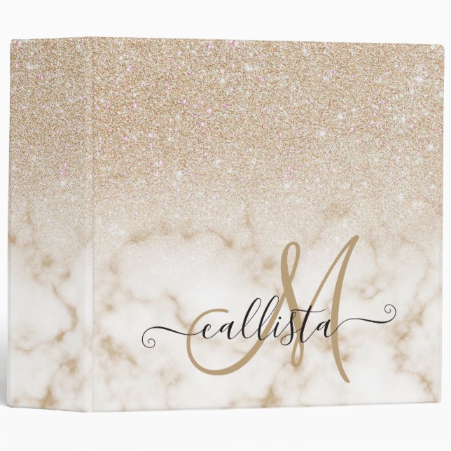 Glamourous Gold White Glitter Marble Gradient Ombr Binder (Front/Spine)