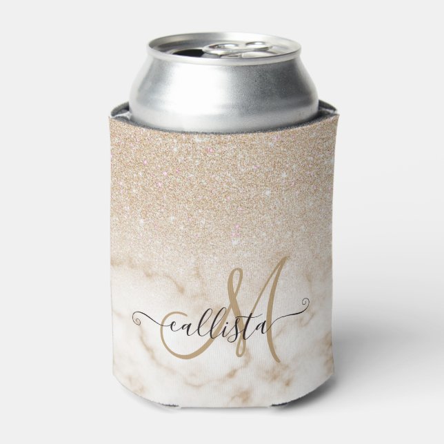 Glamourous Gold White Glitter Marble Gradient Ombr Can Cooler (Can Front)
