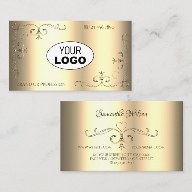 Glamourous Golden Ornaments Ornate Corners Add Log Business Card (Front/Back)