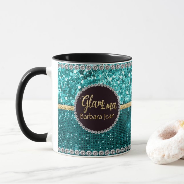 Glamourous Grandma Glam-ma Blue Green Gold Names Mug (With Donut)