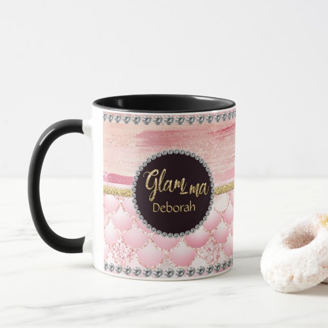 Glamourous Grandma Glam-ma Pink Glitter Shell Name Mug (With Donut)