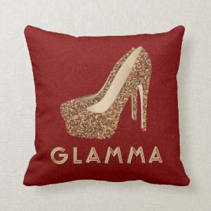 Glamourous Grandma Glamma Gold Glitter High Heels Throw Pillow