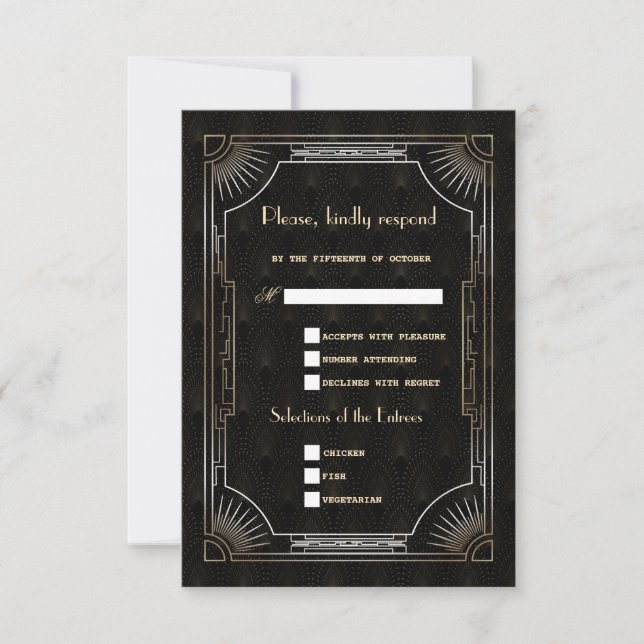 Glamourous Great Gatsby Gold Art Deco Wedding RSVP Card (Front)