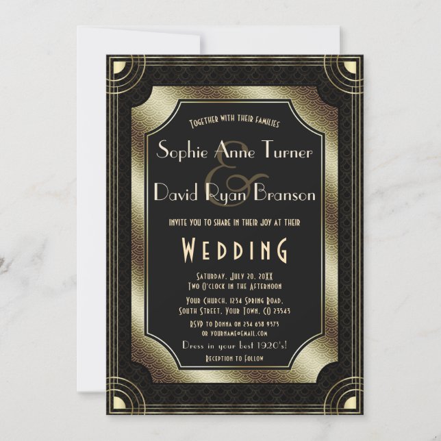 Glamourous Great Gatsby Gold Black Art Deco Weddin Invitation (Front)