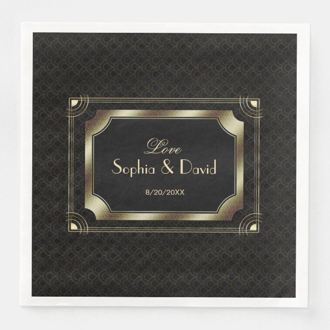 Glamourous Great Gatsby Gold Black Art Deco Weddin Napkin (Front)
