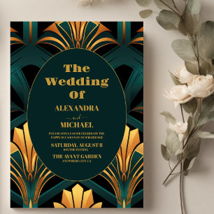 Glamourous Green and Gold Art Deco Wedding  Invitation
