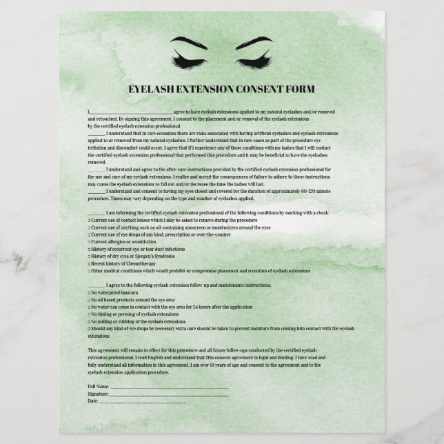 Glamourous Green EYELASH EXTENSION CONSENT FORM Flyer (Front)