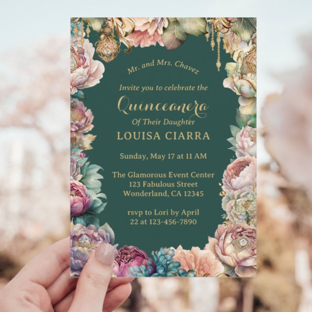 Glamourous Green Gold Sparkle Flowers Quinceanera  Invitation (Creator Uploaded)