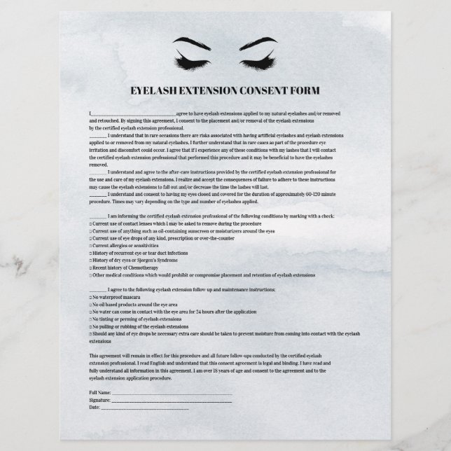 Glamourous Grey EYELASH EXTENSION CONSENT FORM Flyer (Front)