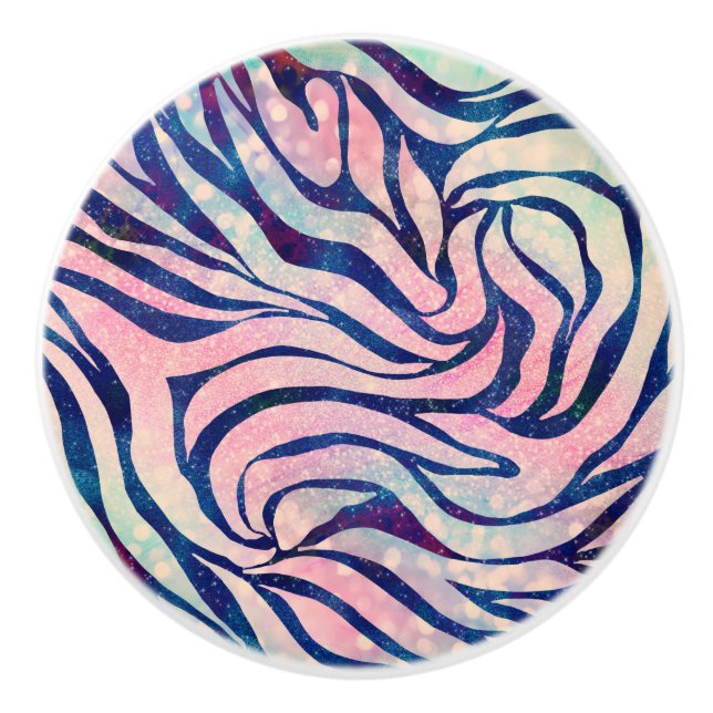 Glamourous Holographic Glitter Blue Zebra Stripes Ceramic Knob (Front)