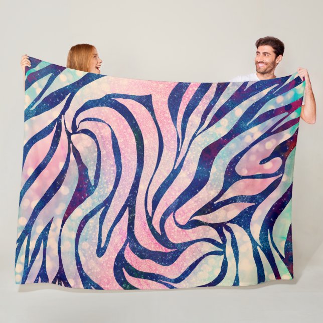 Glamourous Holographic Glitter Blue Zebra Stripes Fleece Blanket (In Situ)