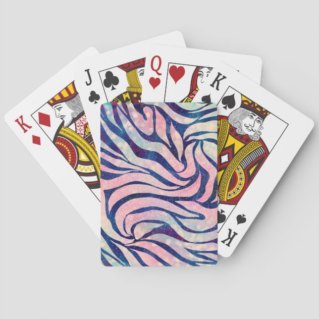 Glamourous Holographic Glitter Blue Zebra Stripes Playing Cards (Back)