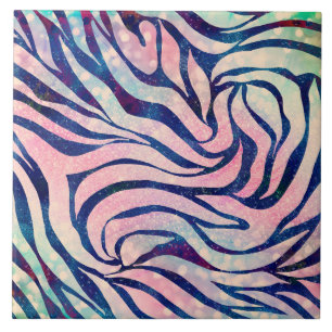 Glamourous Holographic Glitter Blue Zebra Stripes Tile