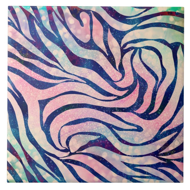 Glamourous Holographic Glitter Blue Zebra Stripes Tile (Front)
