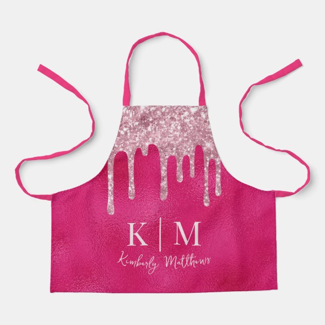 Glamourous Hot Pink Glitter Monogram Initials Apron (Front)