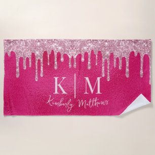 Glamourous Hot Pink Glitter Monogram Initials Beach Towel