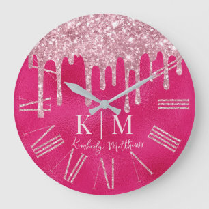 Glamourous Hot Pink Glitter Monogram Initials Large Clock