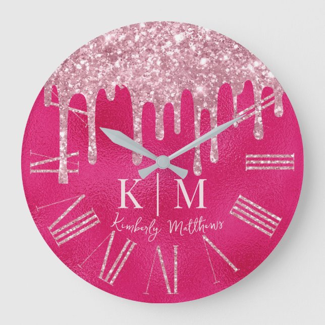 Glamourous Hot Pink Glitter Monogram Initials Large Clock (Front)