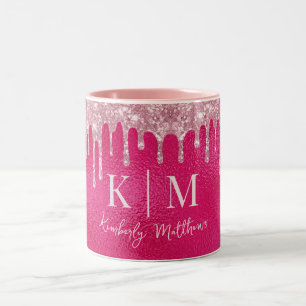 Glamourous Hot Pink Glitter Monogram Initials Two-Tone Coffee Mug