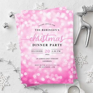 Glamourous Hot Pink Lights Christmas Dinner Party  Invitation