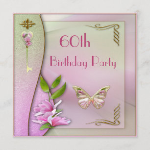 Glamourous Key, Magnolia & Butterfly 60th Birthday Invitation