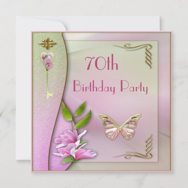 Glamourous Key, Magnolia & Butterfly 70th Birthday Invitation