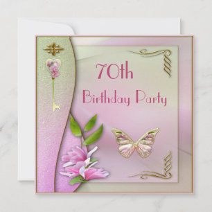 Glamourous Key, Magnolia & Butterfly 70th Birthday Invitation