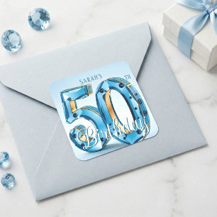 Glamourous Light Blue Jewel 50th Birthday Square Sticker
