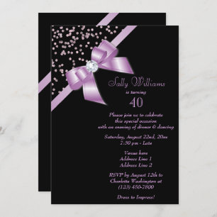 Glamourous Lilac Confetti & Jewel Bow 40th Birthda Invitation
