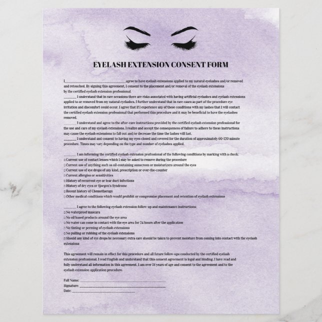 Glamourous Lilac EYELASH EXTENSION CONSENT FORM Flyer (Front)
